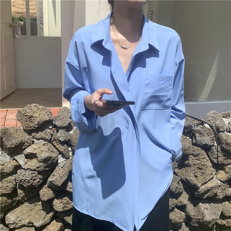 Solid Color Long Sleeve Side Slit Irregular Shirt For Women P1771120