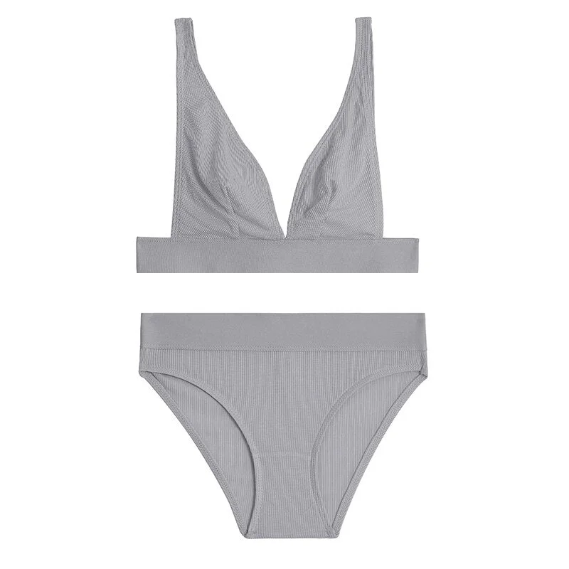 FINETOO S-2XL Plus Size Women V-Neck Sexy Seamless Women Bra Set Underwear Lingerie Suits  Fitness Top+Panties Push Up Brassiere