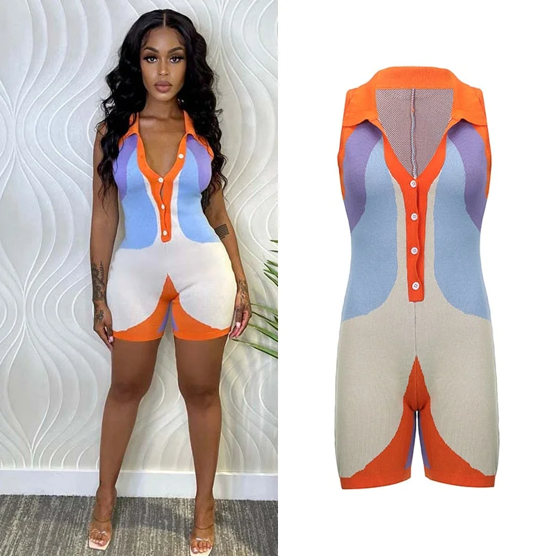 BIIKPIIK Color Match Knitted Playsuits Women Casual Fashion V Neck Sleeveless Turn Down Collar Button Up Outfits Bodycon Rompers