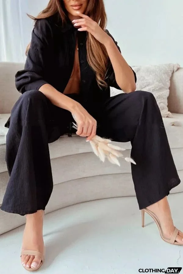 Michelle Cotton Blend Loose Solid Color Shirt Pants Suit