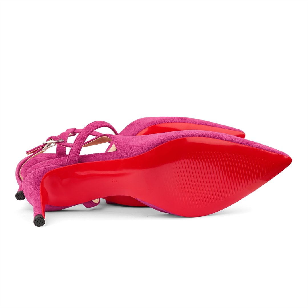 65mm Women Pumps Ankle Strap Jenlove Stiletto Slingback Suede Kitten Pointed Toe Dress Red Bottoms Heels-vocosishoes