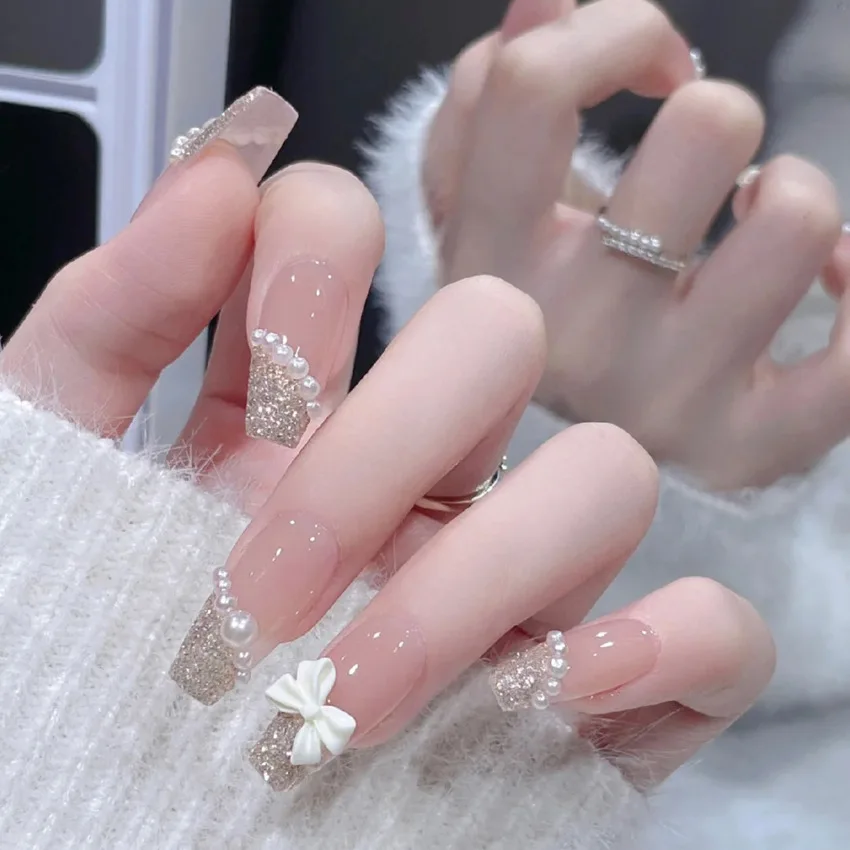 Bayuyun 24Pcs/Set Coffee Leopard French Fake Nails with Diamonds Japan Korean Artificial Acrylic Press on Nails Removable Stick on Nails