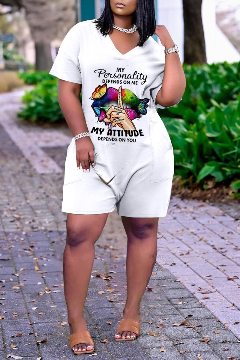 Casual Print Split Joint V Neck Loose Jumpsuits