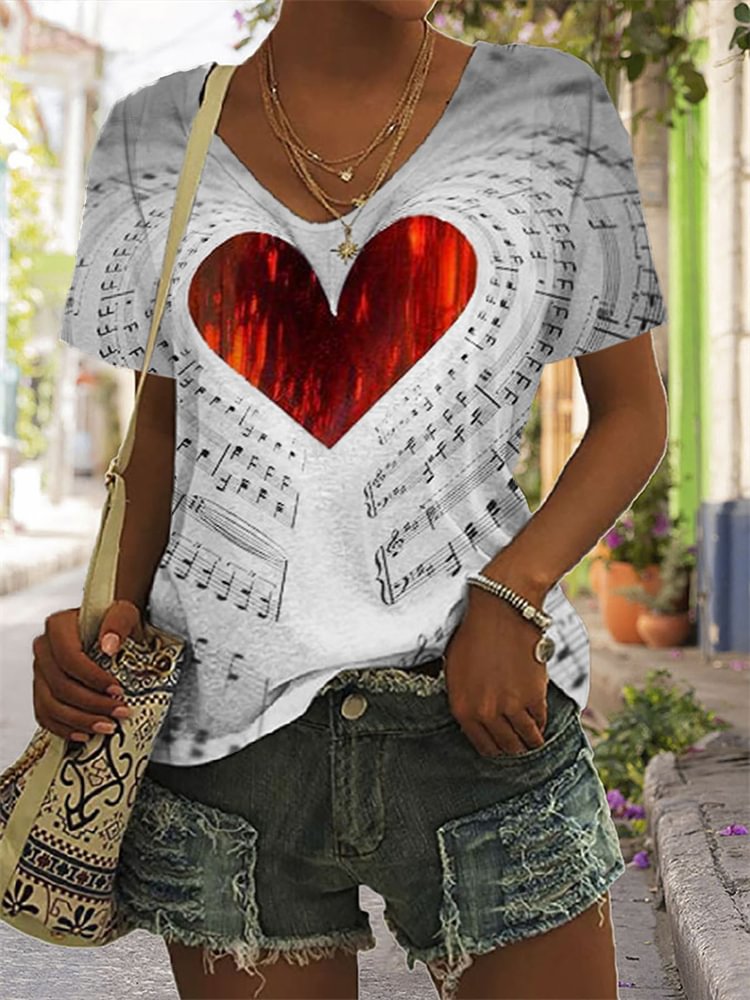 Comstylish Music Sheet Inspired Heart Graphic T Shirt