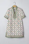 Women's Vintage Boho Geometric Flower Print Short Sleeve Loose Mini Dress