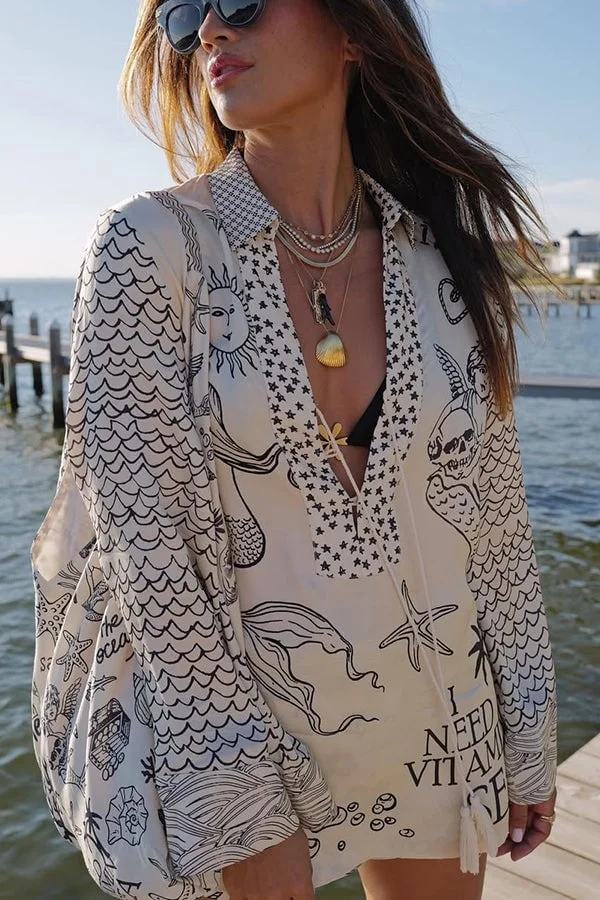 Live By Water Satin Unique Print Tassle Shirt and Elastic Waist Shorts Set 