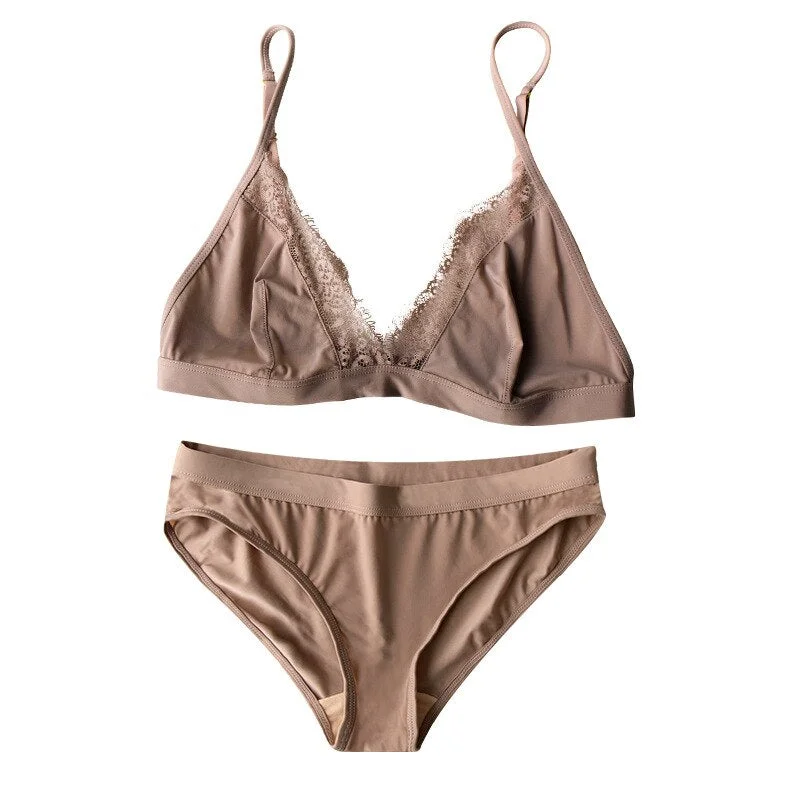 Wriufred Ice silk no trace lingerie set no steel ring bra set no sponge eyelash lace girl underwear plus size bra underpants