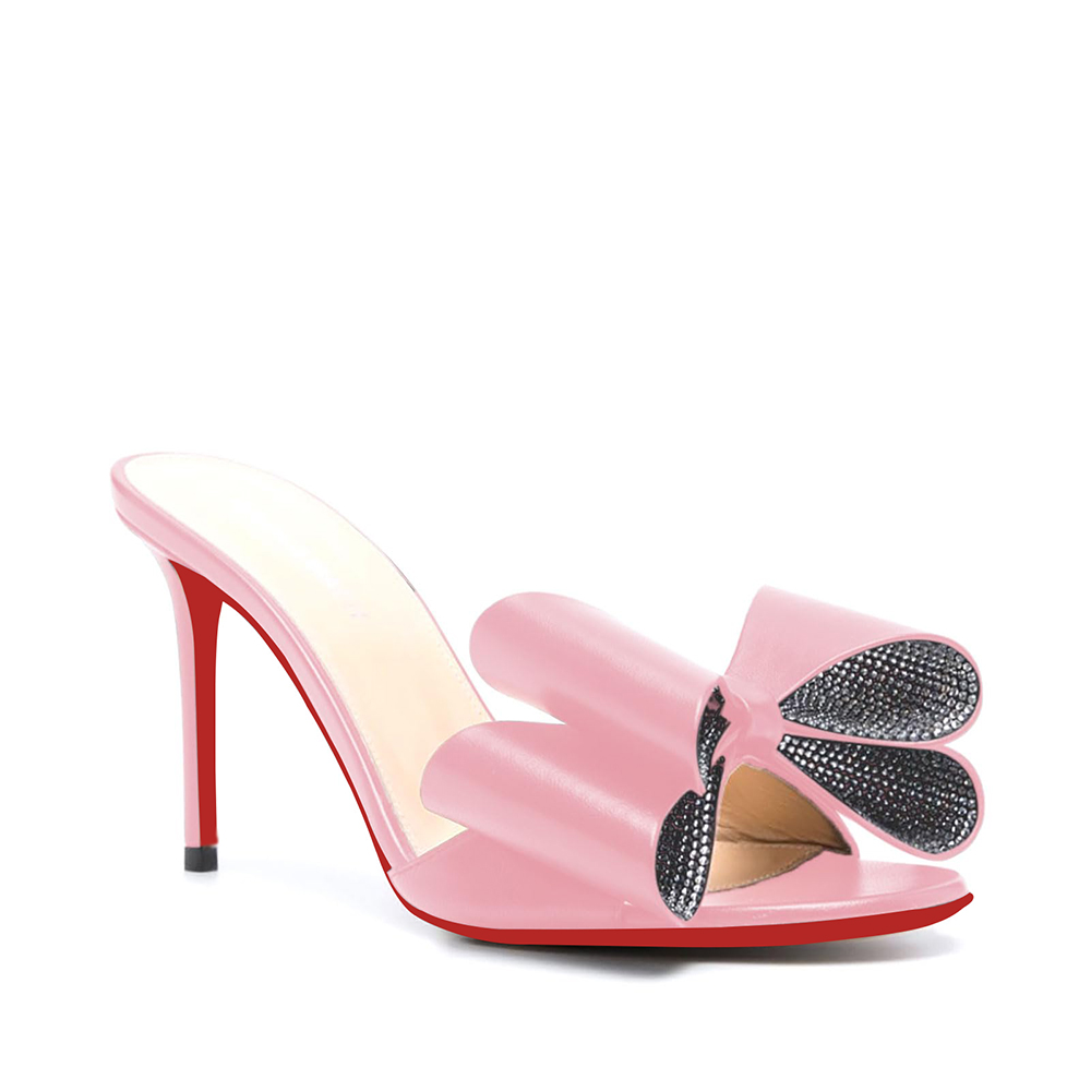 100mm/3.94 Inch Women's High Heel Mules Rhinestone Bowknot Backless Stiletto Heel Slippers Sexy Summer Heeled Red Bottom Sandals-vocosishoes