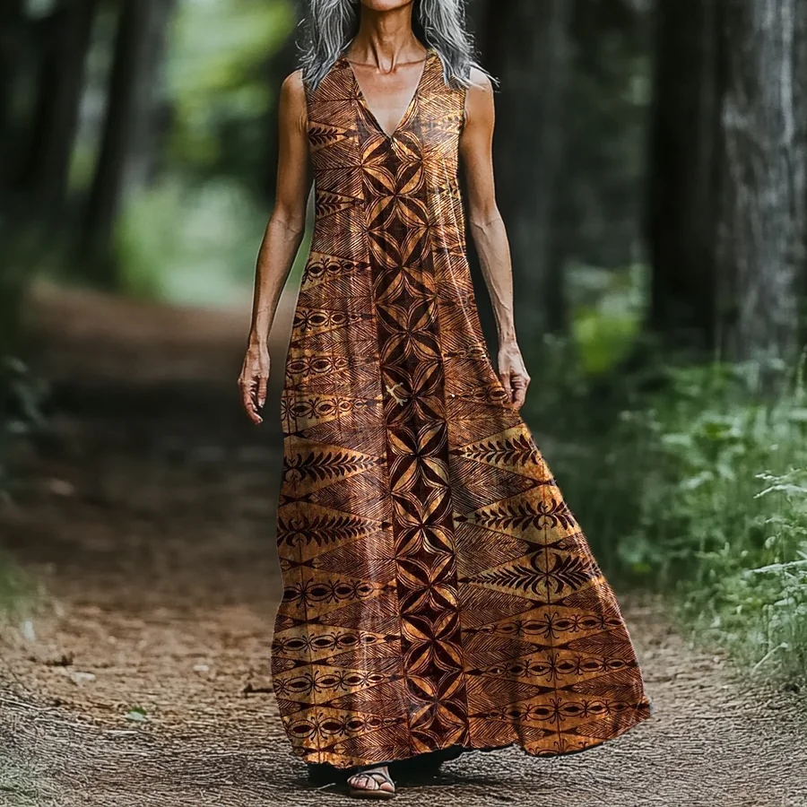  Women's Retro Geometric Print V-neck Loose Midi Dress Westsshops