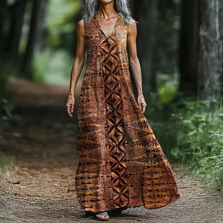 Women's Retro Geometric Print V-neck Loose Midi Dress