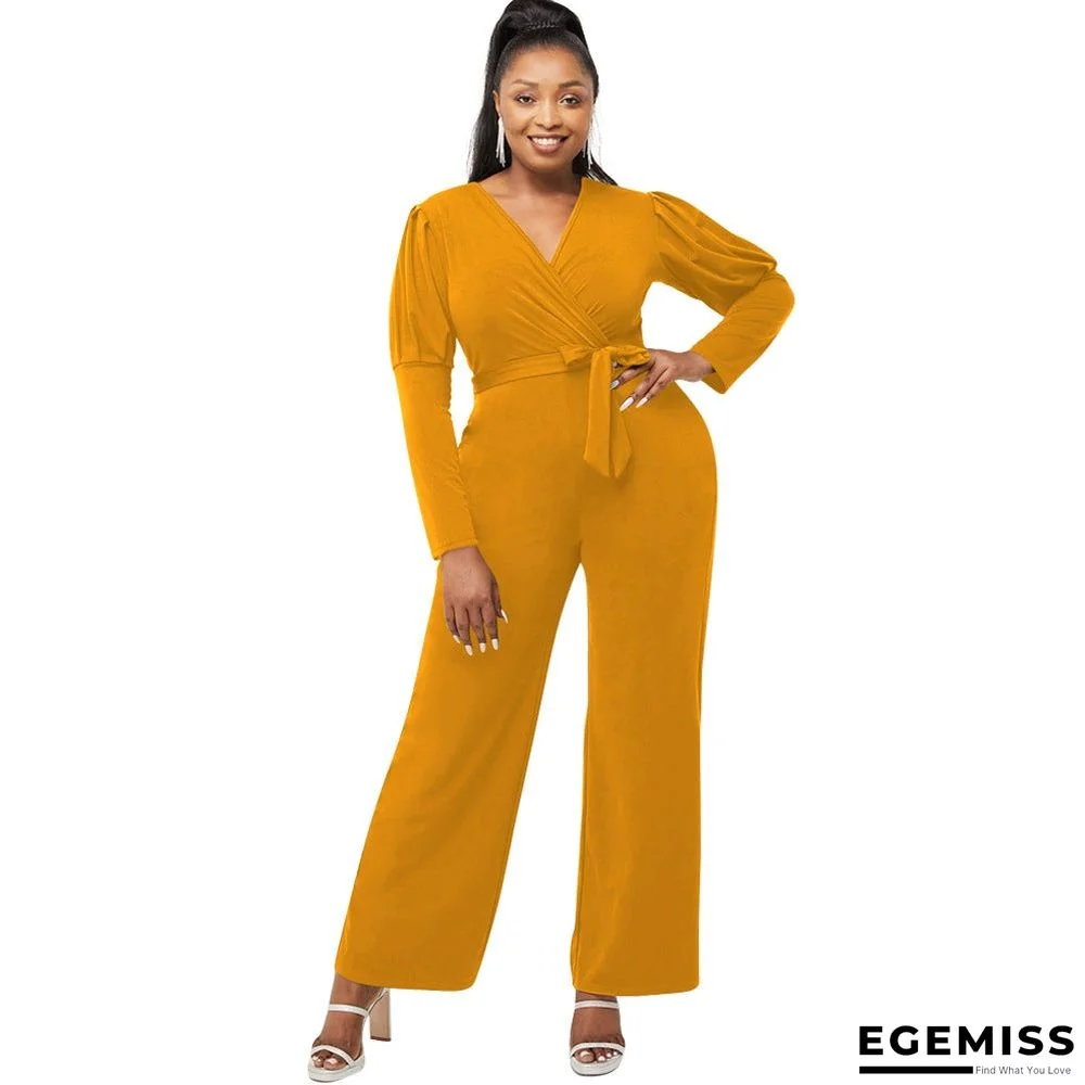 Autumn and Winter Solid Color V-neck Bubble Sleeve Personalized Casual Wide Leg Jumpsuit | EGEMISS