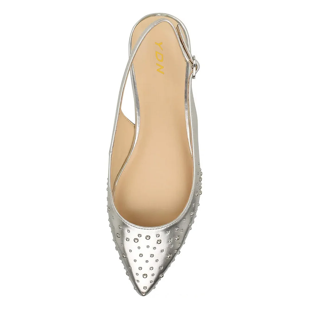 Silver Vegan Leather Slingback Pointed Toe Studded Flat Shoes Women