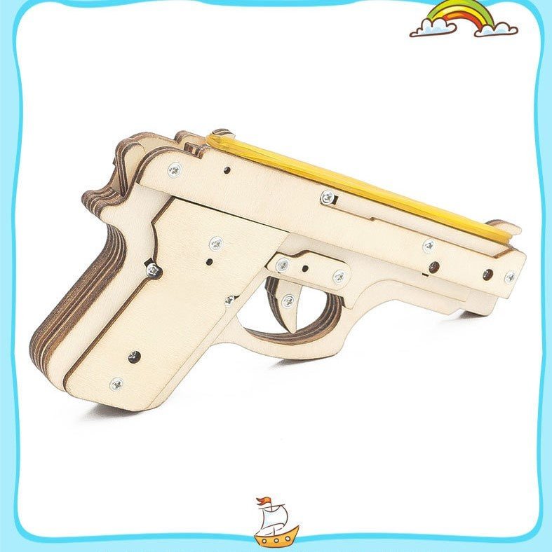 Wooden robot pistol model assembly puzzle