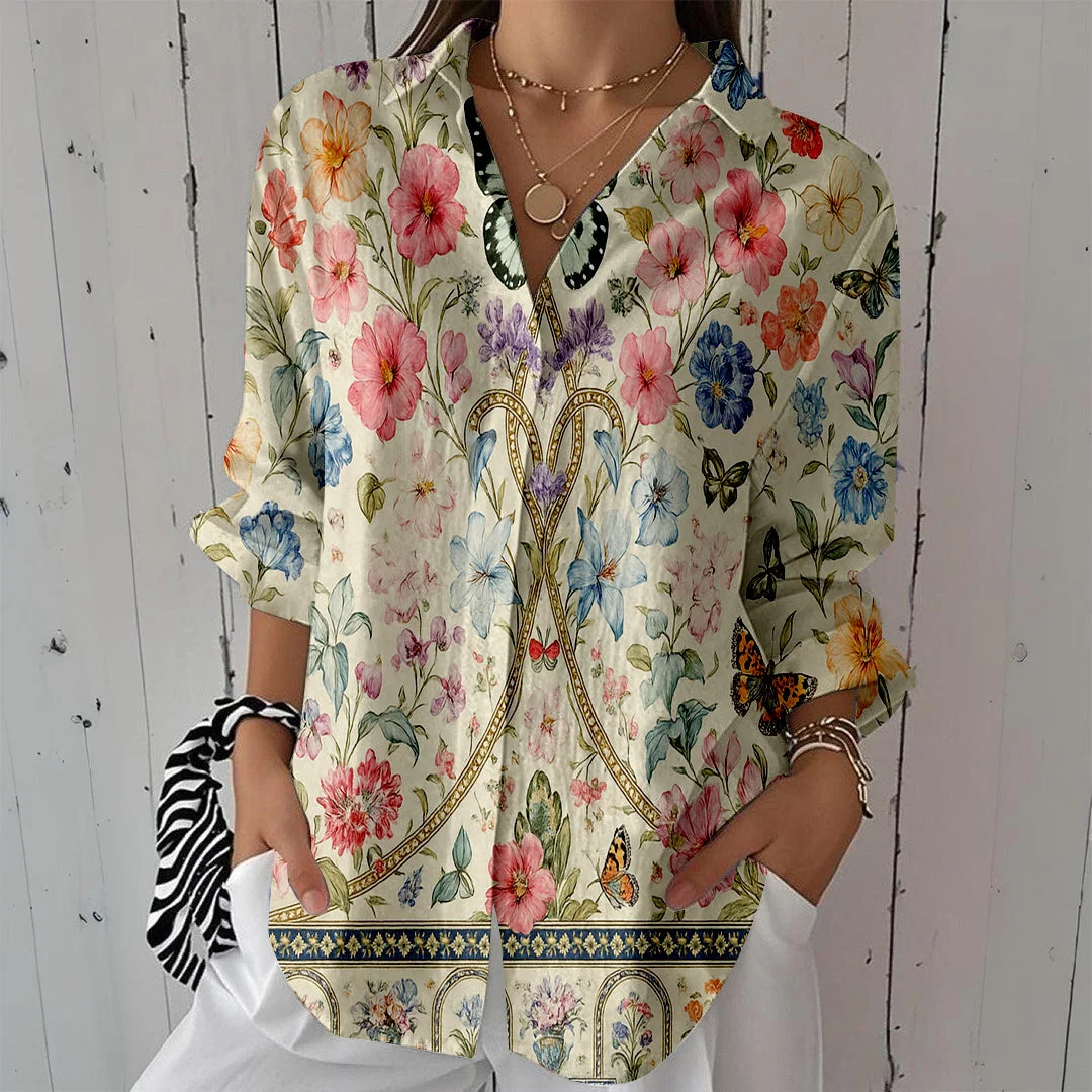 Style & Comfort for Mature Women Women Floral, Butterfly, Pink, Blue DZCL0154 3/4 Sleeve Shirt Collar Printed Button Tops