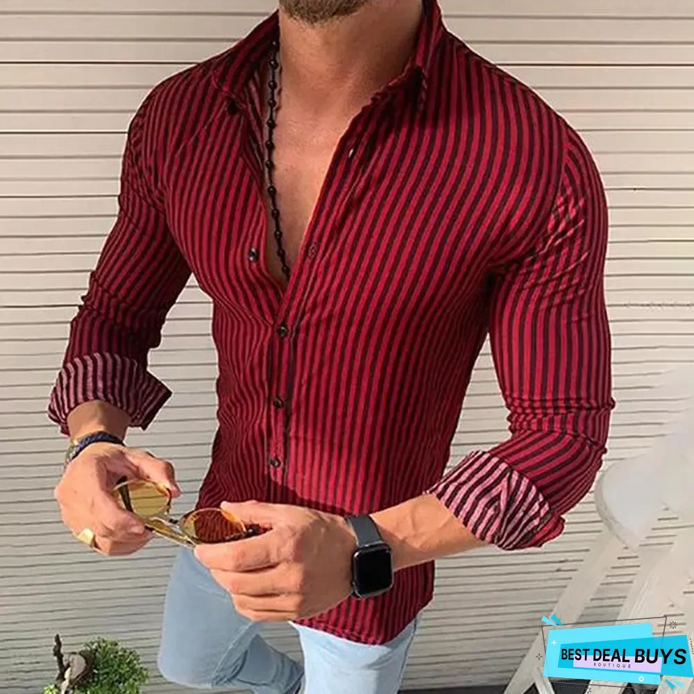 Striped Long Sleeve Button Down Lapel Men's Casual Shirts