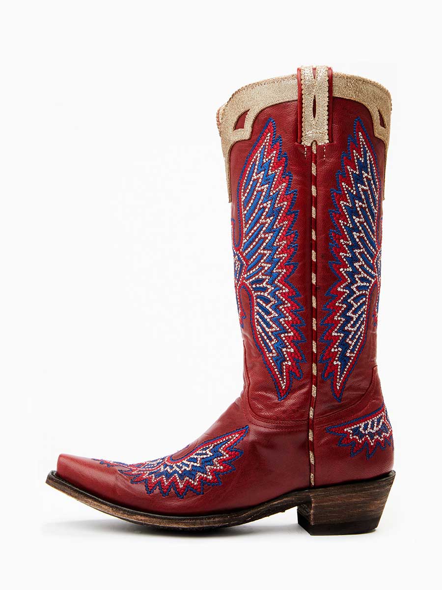 Red Snip Toe Eagle Embroidered Chunky Heel Western Boots for Women