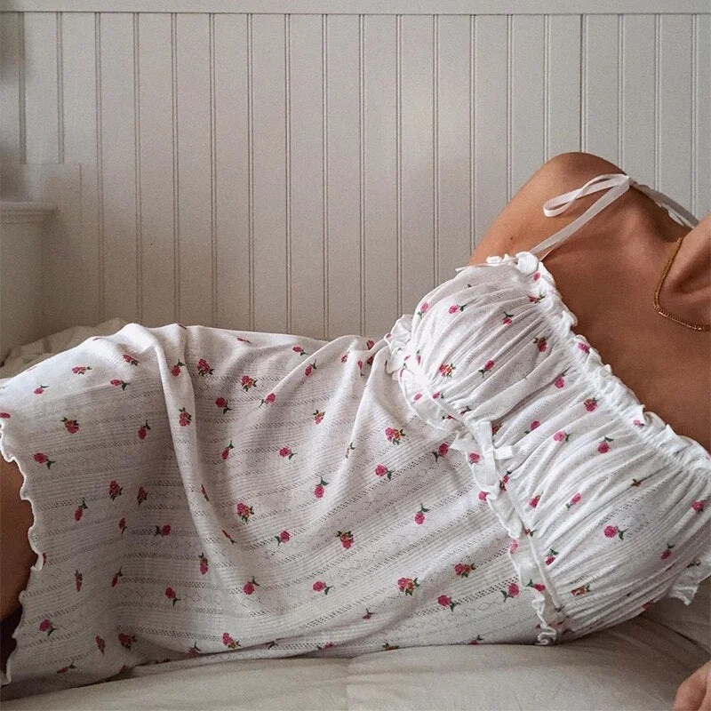 HEYounGIRL Floral Printed Sleeveless Spaghetti Strap Dress Summer White A Line Short Dresses Ladies Ruched Tie Up Casual Dress