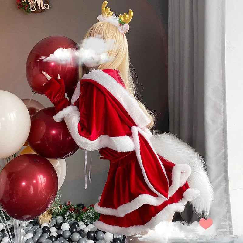 Kawaii Christmas Girl Bunny Ear Red Cape Cloak Santa Dress SP16654