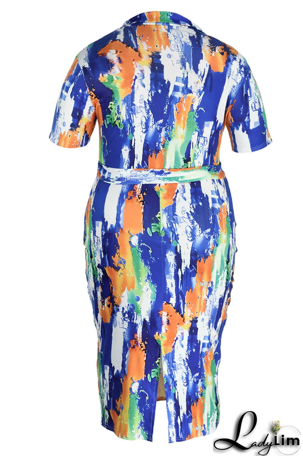 Blue Orange Sexy Print Graffiti Split Joint V Neck One Step Skirt Plus Size Dresses