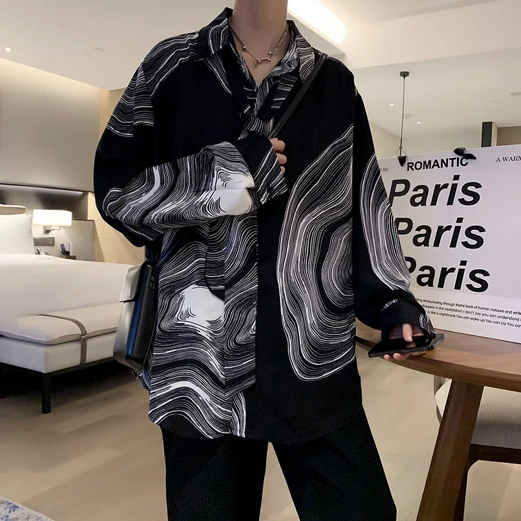 Dawfashion Techwear Streetwear-Irregular Geometric Stripe Print Drapes Slouchy Long-sleeved Shirts-Streetfashion-Darkwear-Techwear
