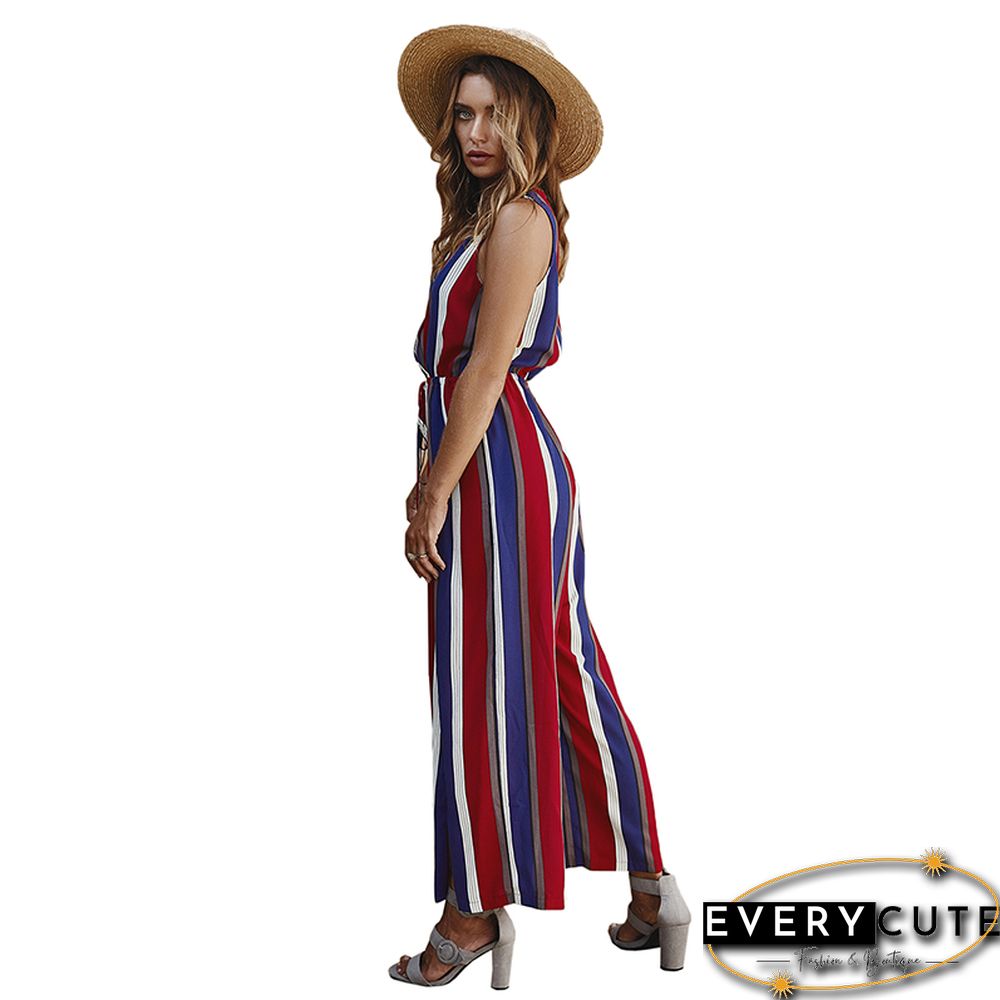 Red Stripe Wide Leg Split Casual Jumpsuit
