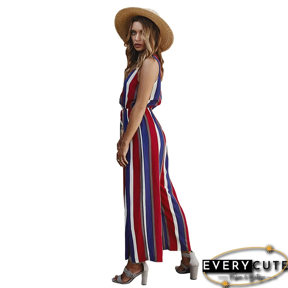Red Stripe Wide Leg Split Casual Jumpsuit