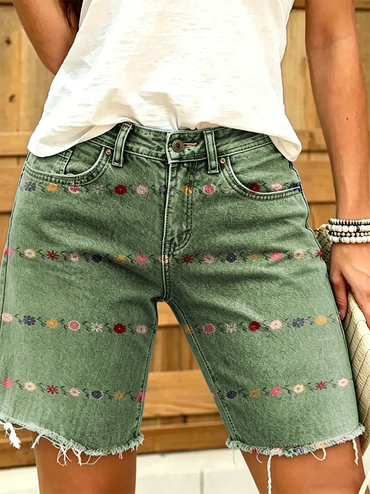Women's Floral Print Frayed Hem Denim Bermuda Shorts