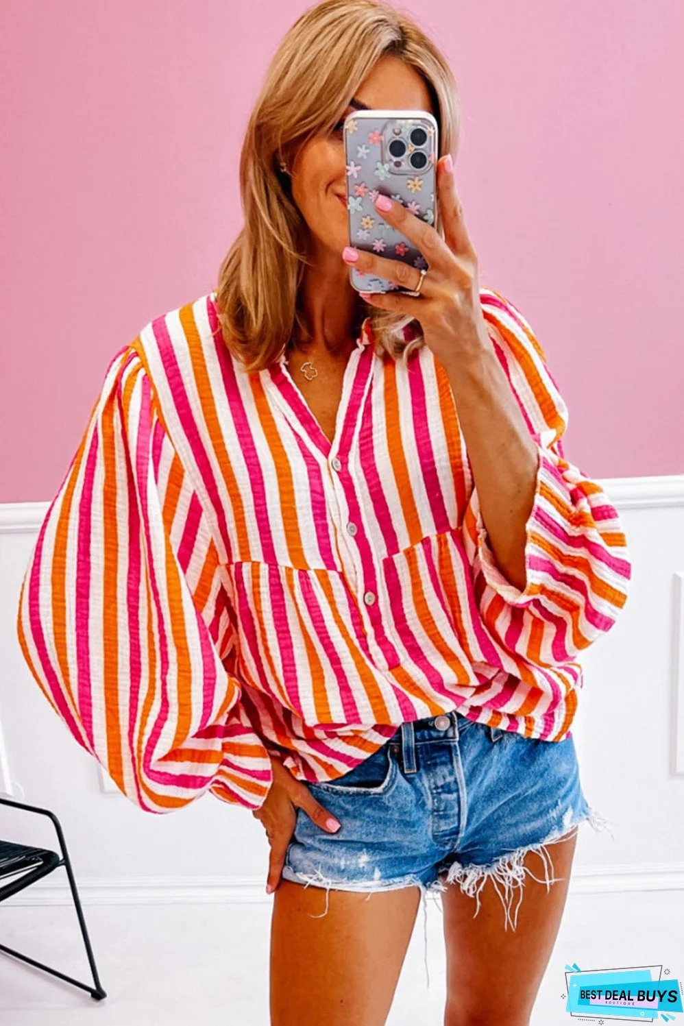 Orange Stripe Balloon Sleeve Notched V Neck Buttoned Front Blouse