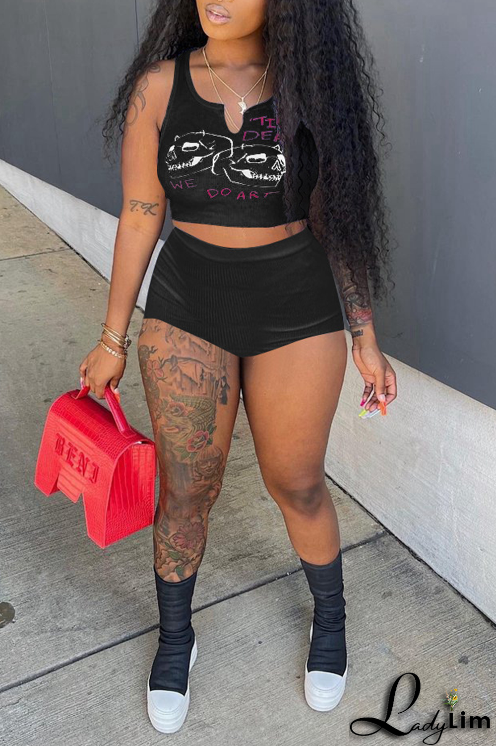 Black Street Print Split Joint U Neck Sleeveless Two Pieces