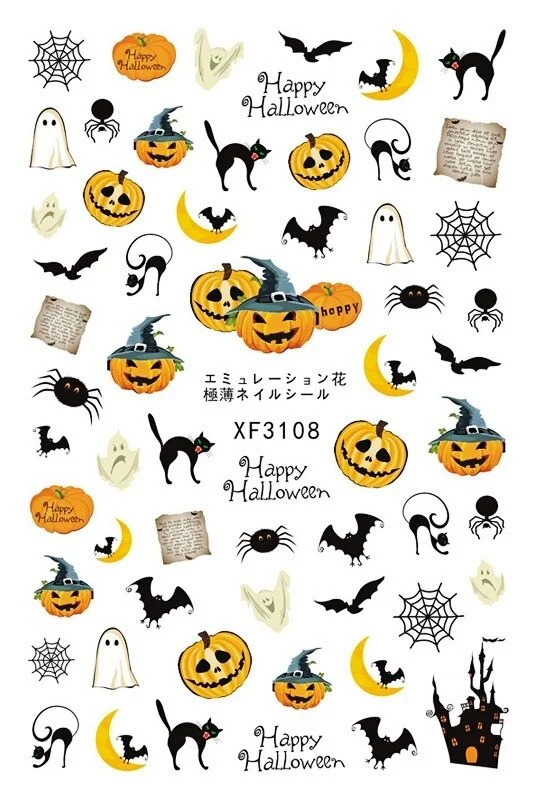 Nail Stickers Back Glue Halloween Skull Pumpkin Bat Creative Designs Nail Decal Decoration Tips For Beauty Salons-Nail Inspo