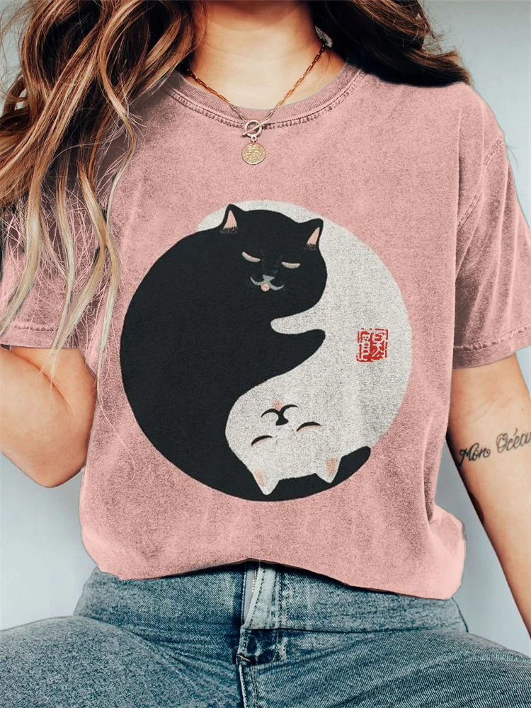 Black & White Cats Art Vintage Washed T Shirt