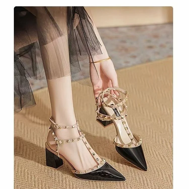Breakj Breakj Set 2025 Pointed Rivet Shoes Tip Coated Roman Sandals Women Wear Fashion Comfortable Retro Women's Shoes