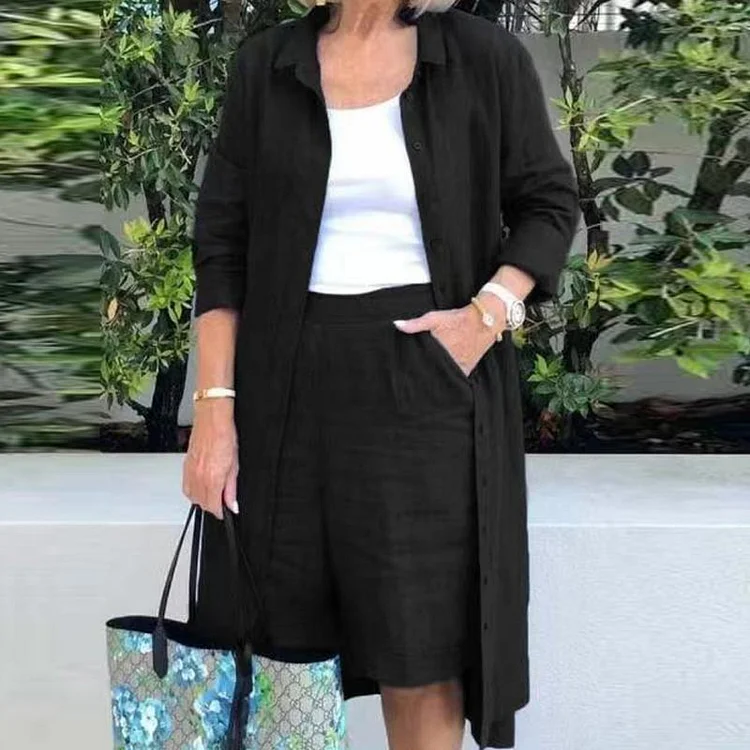 Women Oversized Two Piece Set Long Sleeve Turn Down Collar Straight Shirt and Knee Length Shorts