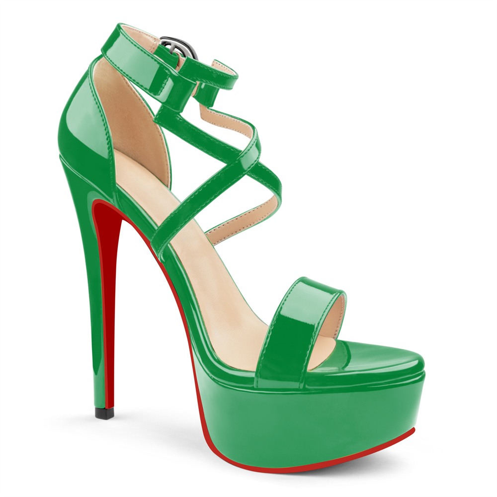 150mm Women's Open Toe Platform Sandals Ankle Strap High Heel Patent Red Bottom Summer Shoes-MERUMOTE