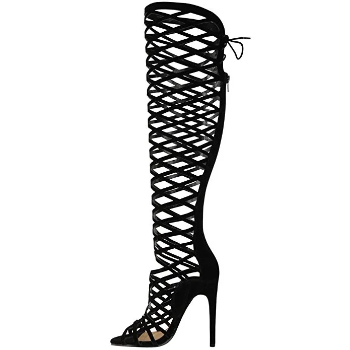 Women's Black Strappy Knee-high Stiletto Gladiator Heels Sandals |FSJ Shoes