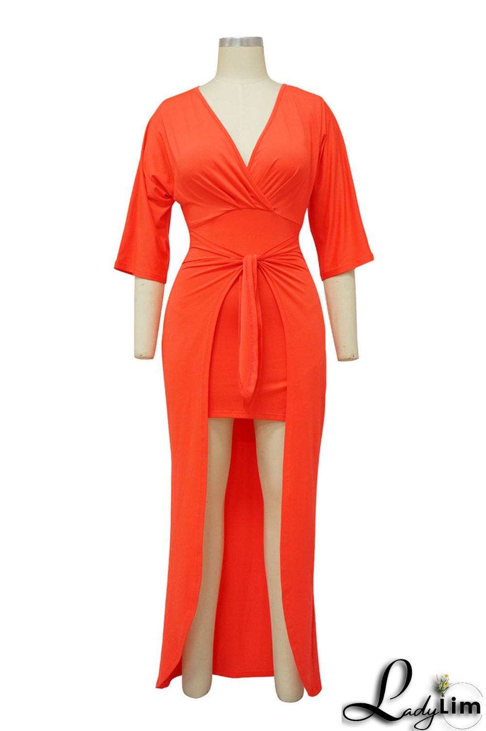 Burgundy Fashion Casual Solid Patchwork V Neck Irregular Dress