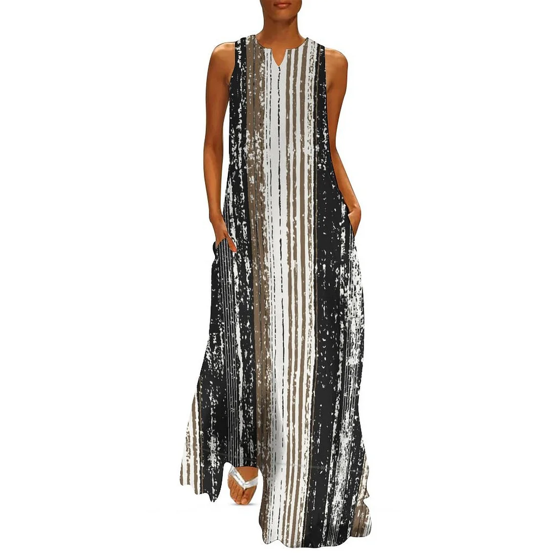 Style & Comfort for Mature Women Plus Size Printed Sleeveless Casual Women Maxi Dress with Pockets in Pattern Striped, Black, Brown