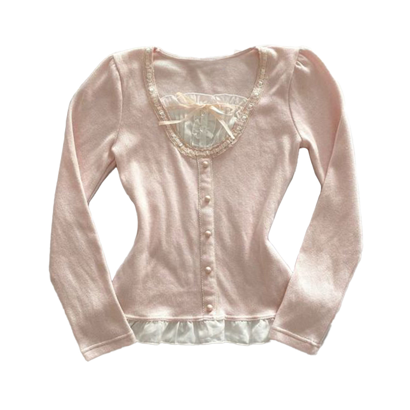 Megaarcadee Harajuku Retro Y2K Aesthetic Womens Long Sleeve Top Sexy Slim Chic Aesthetic Lace Bow Design Mini Skirt Gothic E-Girl Streetwear