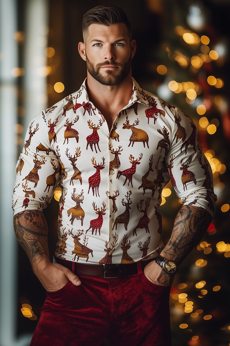 Christmas Elk Deer Print Long Sleeve Slim Fit Shirt