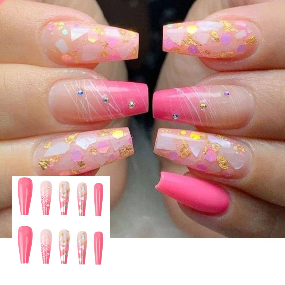 Shecustms™ 24 Pcs Pink Gradient Shell Glitter Diamond Press On Nails Coffin Long Fake Nails