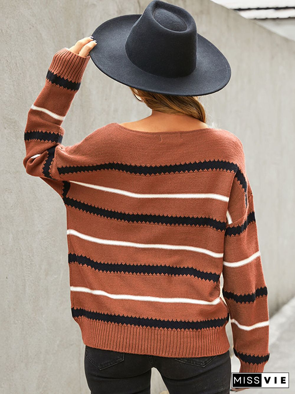 Stripe Print Drop Shoulder Long Sleeve Loose Sweater