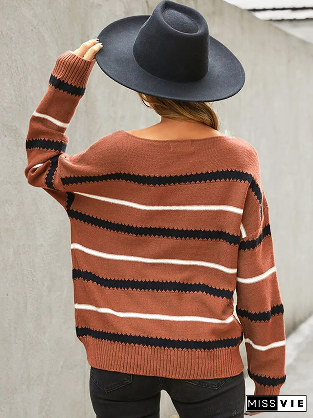 Stripe Print Drop Shoulder Long Sleeve Loose Sweater