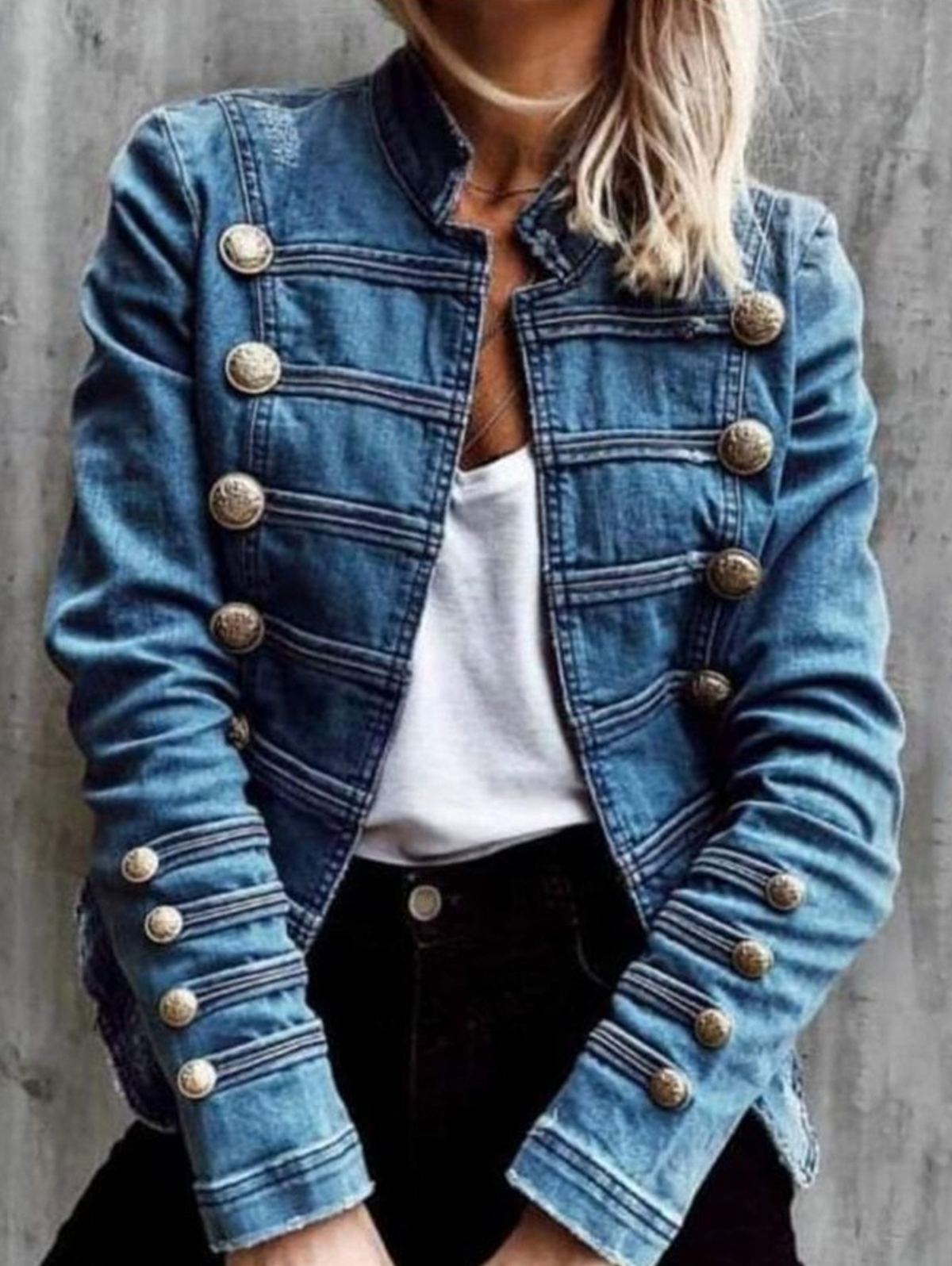 Casual Denim Stand Collar Button Decor Long Sleeve Jacket