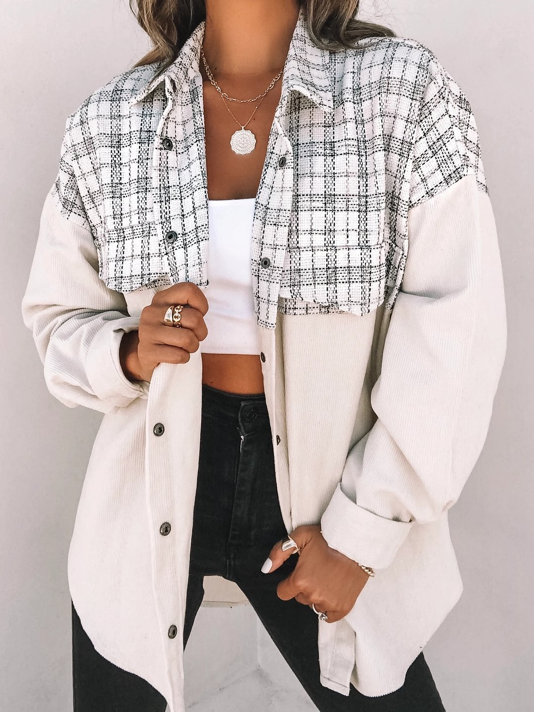 Casual Polo Collar Long Sleeve Pocket Plaid Corduroy Women's
