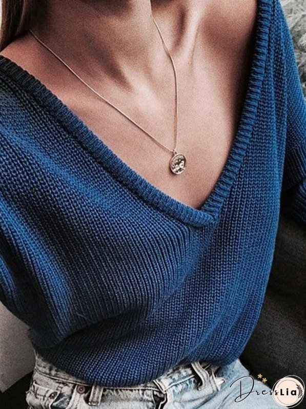Women's Sweaters Casual Solid V-Neck Long Sleeve Knitted Sweater