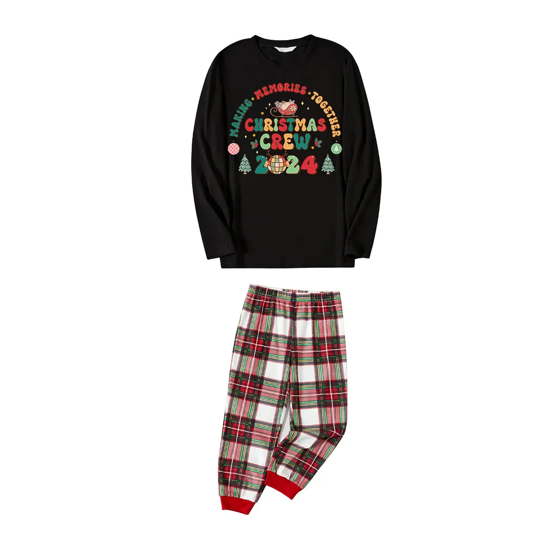 "Making Memories Together Christmas Crew 2024" Print Black Top with Red & White & Green Plaid Pants Family Matching Pajamas