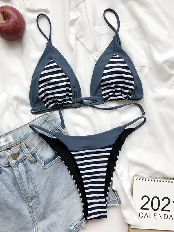 Contrast Striped Triangle Bikini Swimwear 