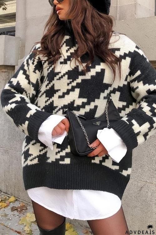 Houndstooth High Collar Sweater