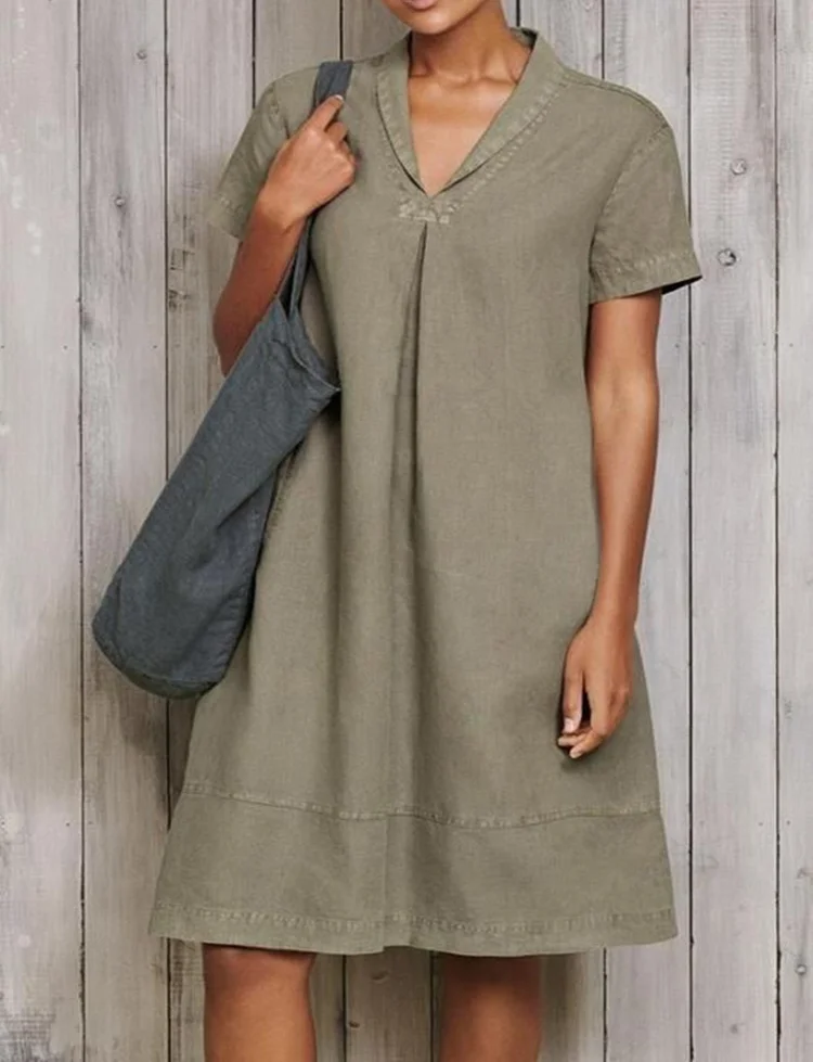 Casual Short Sleeve Pure Linen Mini Dress