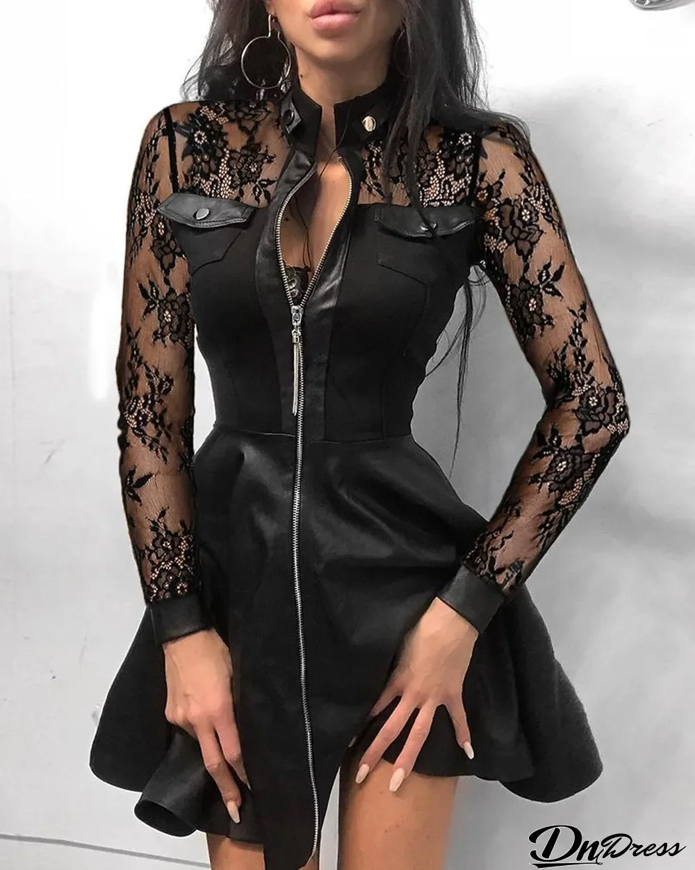 Spring Black Lace Patchwork Zip Up Vintage Skater Dress